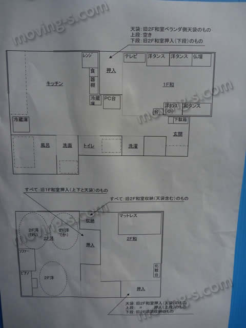 引越し先のお宅には見取り図や配置図を貼っておくと、お客様がいちいち指示を出さなくても、荷物を運び入れることができます。